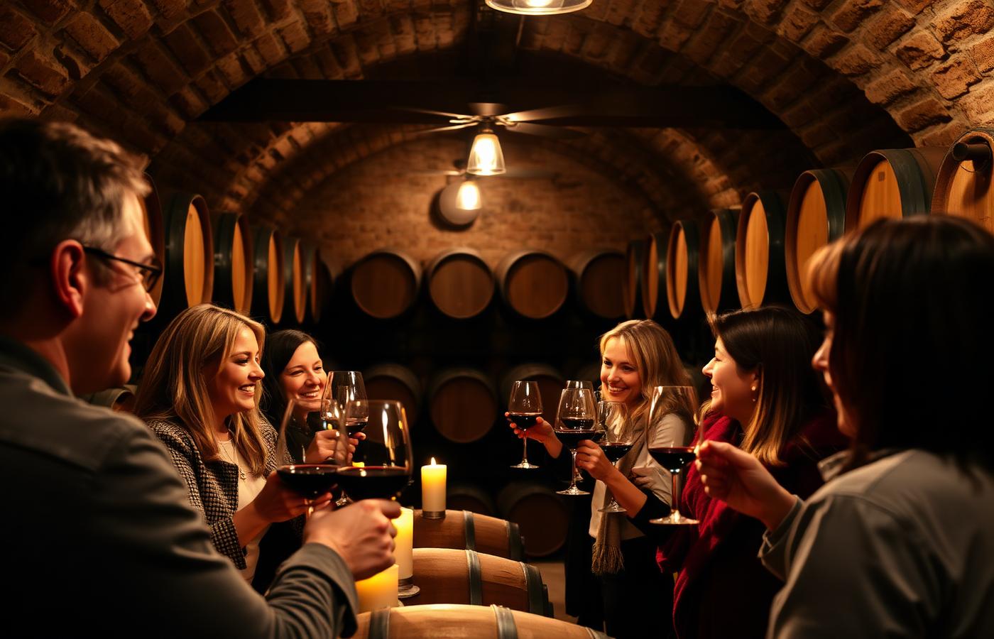Visitors tasting wine in a Spanish cellar